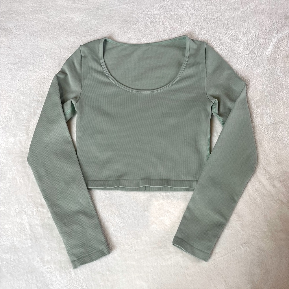 OQQ Sea Green Long Sleeve Nylon Small Crop Top